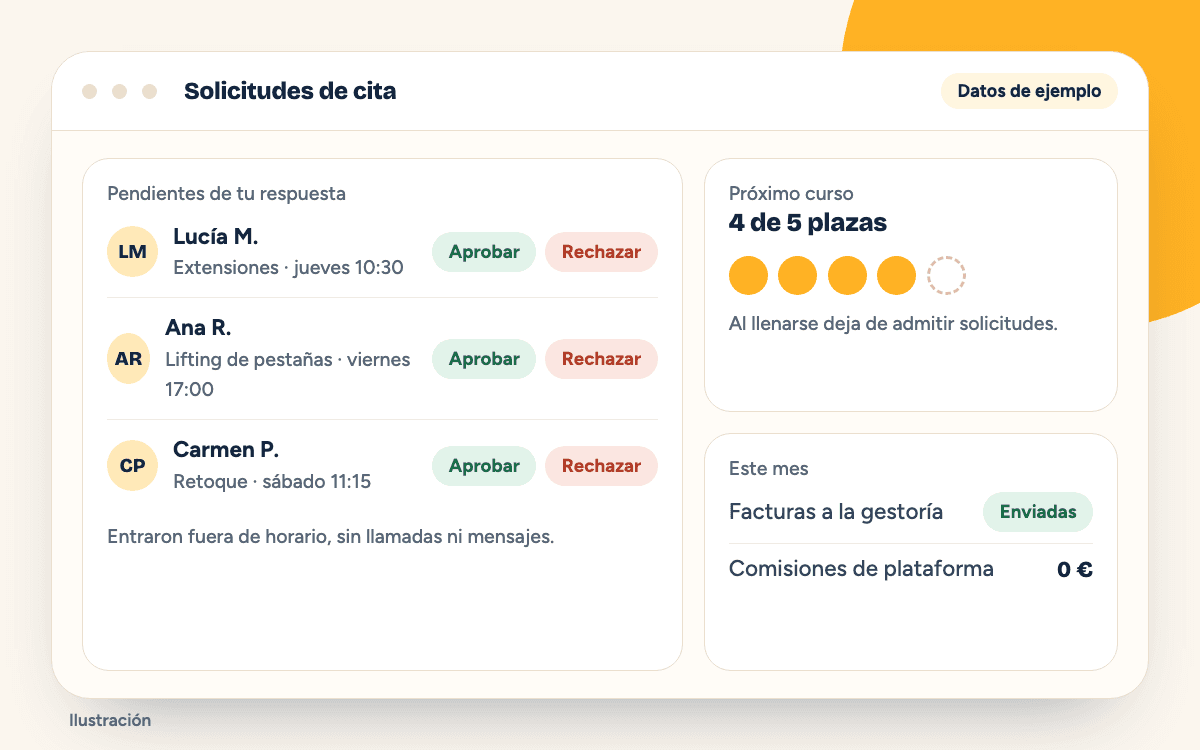Ilustración de un sistema de reservas con solicitudes de cita para aprobar o rechazar y un curso con plazas limitadas